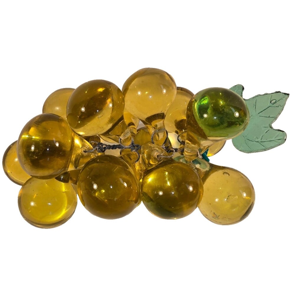 Vintage Hand Blown Amber Glass Grape Cluster Green Leaves Art Glass